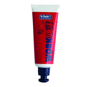 Tube rouge de friandise pour chiens Dr. Clauder's, étiqueté "WORKOUT", avec le texte "Natürlich Lecker Rind!" et "Snack for dogs."