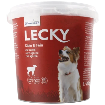 Ein roter Behälter mit dem Aufdruck "LECKY" und einem Bild eines glücklichen Hundes, mit Text, der angibt, dass er 70% Fleisch enthält, glutenfrei ist und ein weicher Snack ist.