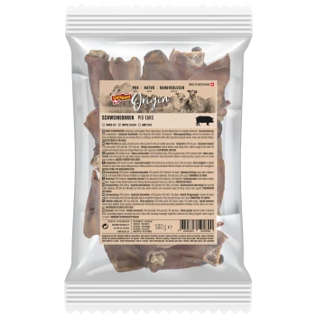 Packung DeliBest Origin Schweineohren für Hunde, 500g, mit einer detaillierten Zutatenliste und Nährwertanalyse in mehreren Sprachen.