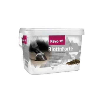 Pavo BiotinForte Behälter für starke und gesunde Hufe, mit einem Pferdehuf auf dem Etikett und Text in mehreren Sprachen.