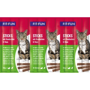 Three packages of FIT+FUN cat treats, labeled "Sticks mit Kaninchen & Pute," featuring a tabby cat and showing ingredients in multiple languages.