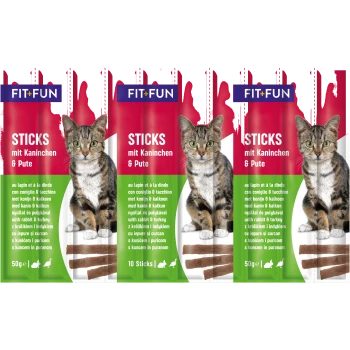 Three packages of FIT+FUN cat treats, labeled "Sticks mit Kaninchen & Pute," featuring a tabby cat and showing ingredients in multiple languages.