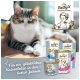Eine entspannte getigerte Katze liegt in einem sonnigen Raum neben Dosen von "Betty's Landhausküche" Katzenfutter. Text: "Für ein glückliches Katzenleben."