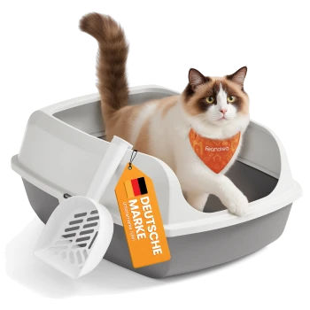 Katze in grauer Katzentoilette trägt ein orangefarbenes Bandana mit der Aufschrift 'feandrea', dazu Schaufel und orangenes Etikett mit der Aufschrift 'DEUTSCHE MARKE'.