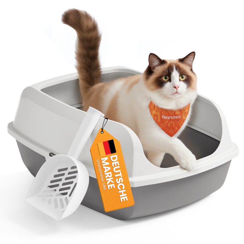 FEANDREA Katzenklo mit hohen Seitenwänden,XXL offene Katzentoilette, mit Schaufel weiß