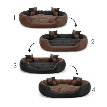 Vier Bilder eines wendbaren Haustierbettes in Braun und Schwarz, die seine Transformation von einem Stil zum anderen mit nummerierten Schritten zeigen.