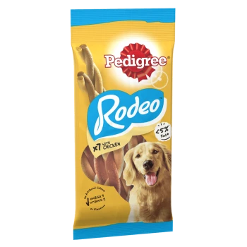 Pedigree Rodeo dog treats package featuring a golden retriever, with text indicating "x7 with chicken" and "less than 5% fat."