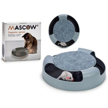 Katzenspielzeug von Mascow mit einem kreisförmigen Design und einer Filzoberfläche sowie einem versteckten Mausspielzeug, verpackt in einer bunten Box.