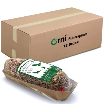 Karton mit Aufdruck 'Orni Futterspirale 12 Stück' mit einer netzverpackten Fettfutterspirale und grünem Etikett mit Vogelmotiven.