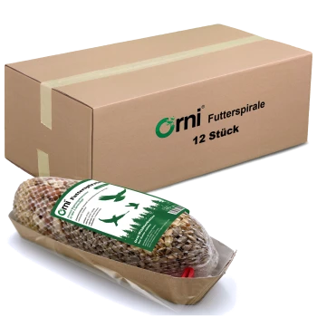 Karton mit Aufdruck 'Orni Futterspirale 12 Stück' mit einer netzverpackten Fettfutterspirale und grünem Etikett mit Vogelmotiven.
