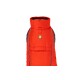 Helle orange Hundejacke mit hohem Kragen, mit einem Ruffwear-Logo auf der Vorderseite und reflektierenden Akzenten für Sichtbarkeit.