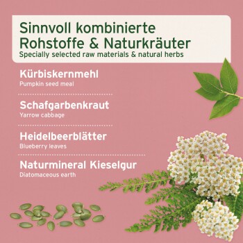 Produktetikett mit natürlichen Zutaten für Haustiere: Kürbiskernmehl, Schafgarbe, Heidelbeerblätter, Kieselgur. Titel: "Sinnvoll kombinierte Rohstoffe."
