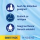 Fond bleu avec un texte promouvant "SMART PACK™ HYGIENE Plus" : adapté aux chatons, facile à nettoyer, absorbe les odeurs en 2 min.