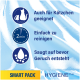 Fond bleu avec un texte promouvant "SMART PACK™ HYGIENE Plus" : adapté aux chatons, facile à nettoyer, absorbe les odeurs en 2 min.