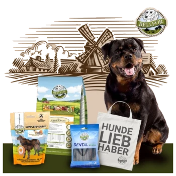 Ein glücklicher Rottweiler sitzt neben BELLEFOR Hundefutter, Snacks, Zahnsticks und einer Tragetasche mit der Aufschrift "HUNDE LIEB HABER."