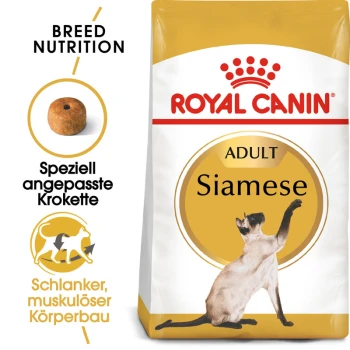 Siamese Adult 2 kg Royal Canin Siamese Adult Katzenfutterbeutel mit einer Abbildung einer Siamkatze, die auf die rassespezifische Ernährung und angepasste Kroketten hinweist.