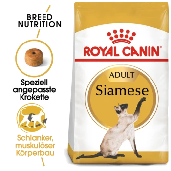 Royal Canin Siamese Adult Katzenfutterbeutel mit einer Abbildung einer Siamkatze, die auf die rassespezifische Ernährung und angepasste Kroketten hinweist.