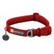Rotes Hundehalsband von Ruffwear mit einer stabilen Schnalle, einem Metall-D-Ring und einem Anhänger mit einem Symbol ohne Glocke.
