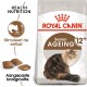 Royal Canin Senior Ageing 12+ kattenvoer zak met een fluffy kattenillustratie, met tekst die gezondheidsvoeding en aangepaste brokjesgrootte benadrukt.