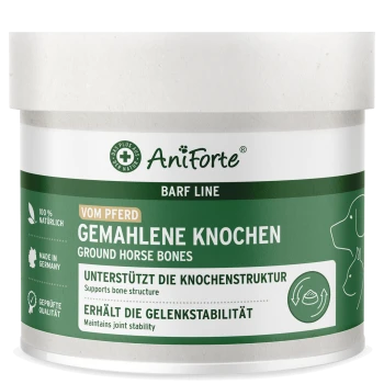 Behälter mit AniForte BARF Line gemahlenen Pferdeknocken, auf Deutsch beschriftet mit Aussagen zur Unterstützung der Knochenstruktur und zur Erhaltung der Gelenkstabilität.