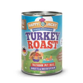 Dose von Happy Jacky Premium-Hundefutter, beschriftet mit "Truthahnbraten", mit einem Cartoon-Truthahn und Text auf Deutsch: "Truthahn mit Reis, Karotte & Haferflocken."
