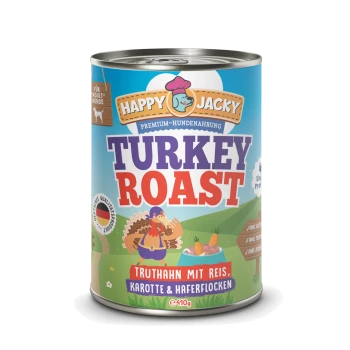 Dose von Happy Jacky Premium-Hundefutter, beschriftet mit "Truthahnbraten", mit einem Cartoon-Truthahn und Text auf Deutsch: "Truthahn mit Reis, Karotte & Haferflocken."