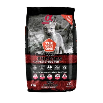 Alpha Spirit 3 kg Welpenfutterbeutel — schwarze und rote Packung mit Wolf-Welpenfoto, Aufschriften ‚THE ONLY ONE‘, ‚PUPPIES COMPLETE FOOD FOR DOGS‘, ‚New Edition‘
