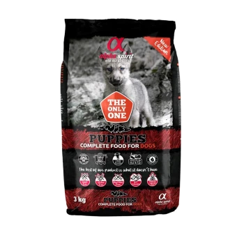 Alpha Spirit 3 kg Welpenfutterbeutel — schwarze und rote Packung mit Wolf-Welpenfoto, Aufschriften ‚THE ONLY ONE‘, ‚PUPPIES COMPLETE FOOD FOR DOGS‘, ‚New Edition‘