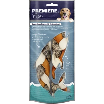 Kauzopf aus Fischhaut & Rinderrohhaut 130g Blaue Tüte mit kaubaren Fischhaut- und Rinderhaut-Hundeleckerlis, mit einem Fischdesign und dem Text: "PREMIERE. Fisch" und "für langanhaltendes Kauen."