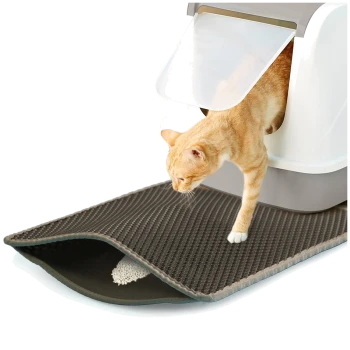 Eine hellorange Katze tritt aus einer modernen Katzentoilette auf eine strukturierte graue Matte, die dazu dient, Streu aufzufangen.