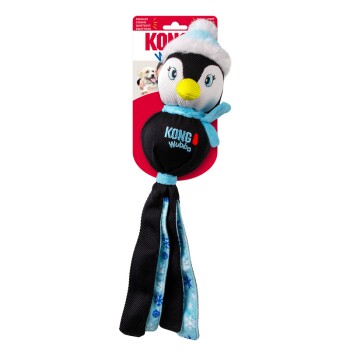 KONG Wubba dog toy shaped like a penguin wearing a blue scarf and hat, with "KONG Wubba" text on the body.