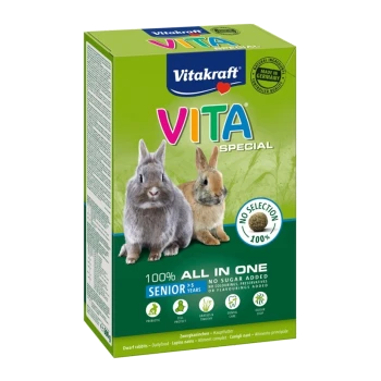 Vita Special Kaninchenfutterverpackung mit zwei Kaninchen auf der Vorderseite, mit der Aufschrift "100% ALL IN ONE SENIOR" ohne Zuckerzusatz.
