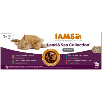 IAMS Land & Sea Collection Katzenfutterpackung mit orangefarbener Streifenkatze, 'in Gravy', '100% Complete & Balanced Nutrition', recycelbare Verpackung, 48 × 85 g.