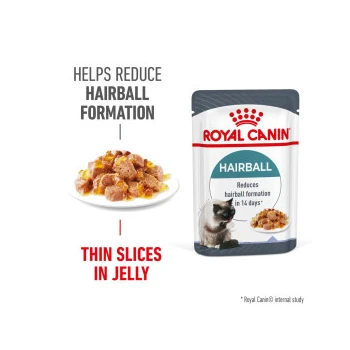 Royal Canin Hairball cat food pouch featuring thin slices in jelly, with text stating it helps reduce hairball formation in 14 days.