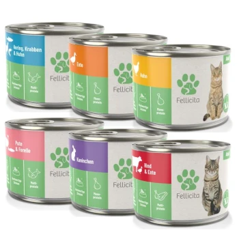 Dosen von Fellicita Tiernahrung in verschiedenen Geschmacksrichtungen mit einem Katzenbild auf der rechten Seite.
