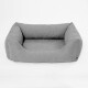 Orthopädisches Memory-Schaum-Haustierbett in Grau mit Text über perfekte Druckverteilung für entspannte Gelenke und tiefen Schlaf.