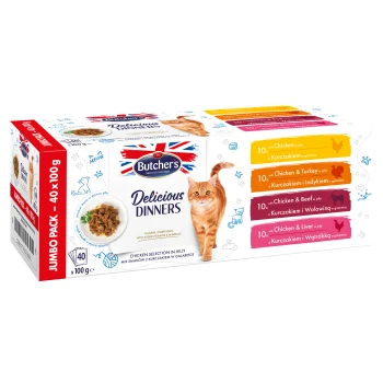 Butcher’s Delicious Dinners Cat wybór kurczaka kawałki w galarecie 40x100g Kolorowe opakowanie Butcher's Delicious Dinners dla kotów, z rudzielcem i kurczakiem w galaretce, z 40 x 100g porcjami.