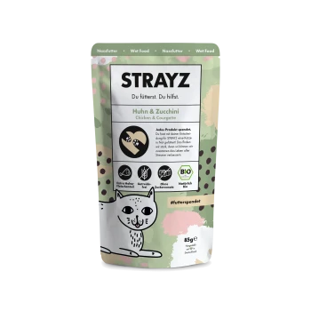 STRAYZ Nassfutterbeutel für Katzen, Geschmack Huhn & Zucchini, grüne Camouflage-Verpackung mit Katzenillustration, 85 g.