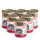 Sechs Dosen DOGS'n TIGER Hundefutter, beschriftet mit 'GUAND! Rind mit Kürbis', mit einer Hundillustration, mit '100% NATURAL' und '67% Rind' Text.