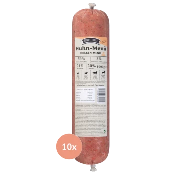 Hundetrockenfutterrolle mit der Aufschrift "Simple Bark Huhn-Menü Chicken-Menu", enthält 53% Fleisch, 21% Knochen und 20% Gemüse, 1000g.