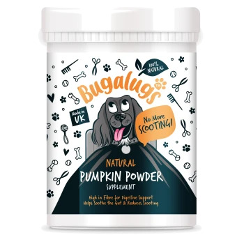 Bugalugs Natural Pumpkin Powder Ergänzung für Hunde, reich an Ballaststoffen zur Unterstützung der Verdauung, „No More Scooting!“, hergestellt im Vereinigten Königreich, 100 % natürlich.