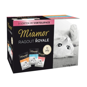 Miamor Ragout Royale Katzenfutterpackung mit drei Geschmacksrichtungen, 12 x 100g Beuteln, mit einem verspielten Katzenbild auf der Verpackung.
