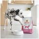 Dalmatien reniflant un sac rose et blanc Select Gold MEDICA Veterinary Diet portant l'inscription « Régime anti-calculs urinaires » à côté d'une gamelle blanche