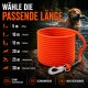 Leuchtend orange aufgerollte 6 mm Longline mit Metallclip auf einem Felsen, Hund apportiert im Wasser; Text 'WÄHLE DIE PASSENDE LÄNGE' und Längen 5–30 m.