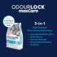 OdourLock maxCare Katzenstreu-Beutel mit einer grauen Katze auf der Vorderseite, beschriftet mit "5-in-1 Ultra-Premium Mineralische Katzenstreu" mit aufgelisteten Vorteilen.