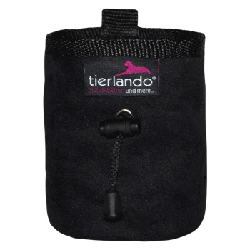 Schwarze Haustier-Zubehörtasche mit Kordelzug, mit dem tierlando-Logo und dem Text "Hundebetten und mehr..."
