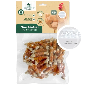 Packung Knuffelwuff Mini Denties mit Hähnchenfilet, mit kleinen knochenförmigen Leckerlis, 3% Fett und einem wiederverschließbaren Reißverschluss.