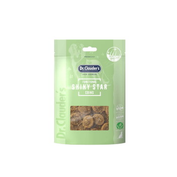 Dr. Clauder's Functional Shiny Star Coins Hundesnacks in grünem wiederverschließbarem Beutel mit sichtbaren runden Leckerlis.