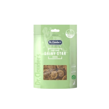 Dr. Clauder's Functional Shiny Star Coins Hundesnacks in grünem wiederverschließbarem Beutel mit sichtbaren runden Leckerlis.