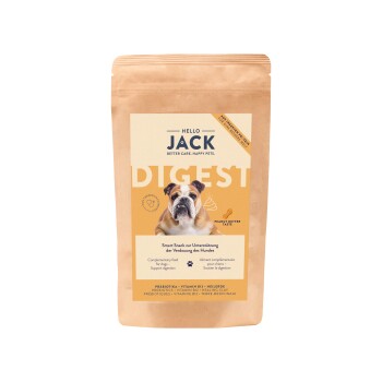 Hello Jack Digest hondenkoekjes verpakking met afbeelding van een buldog, pindakaassmaak en tekst over ondersteuning van de spijsvertering.